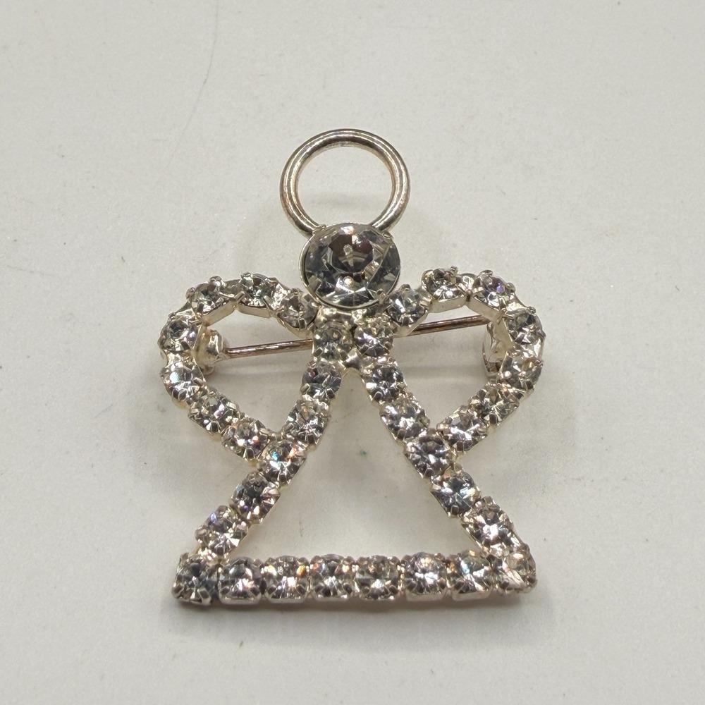 Rhinestone Angel Brooch Silver Tone Halo Christmas Holiday Statement Gift Pin